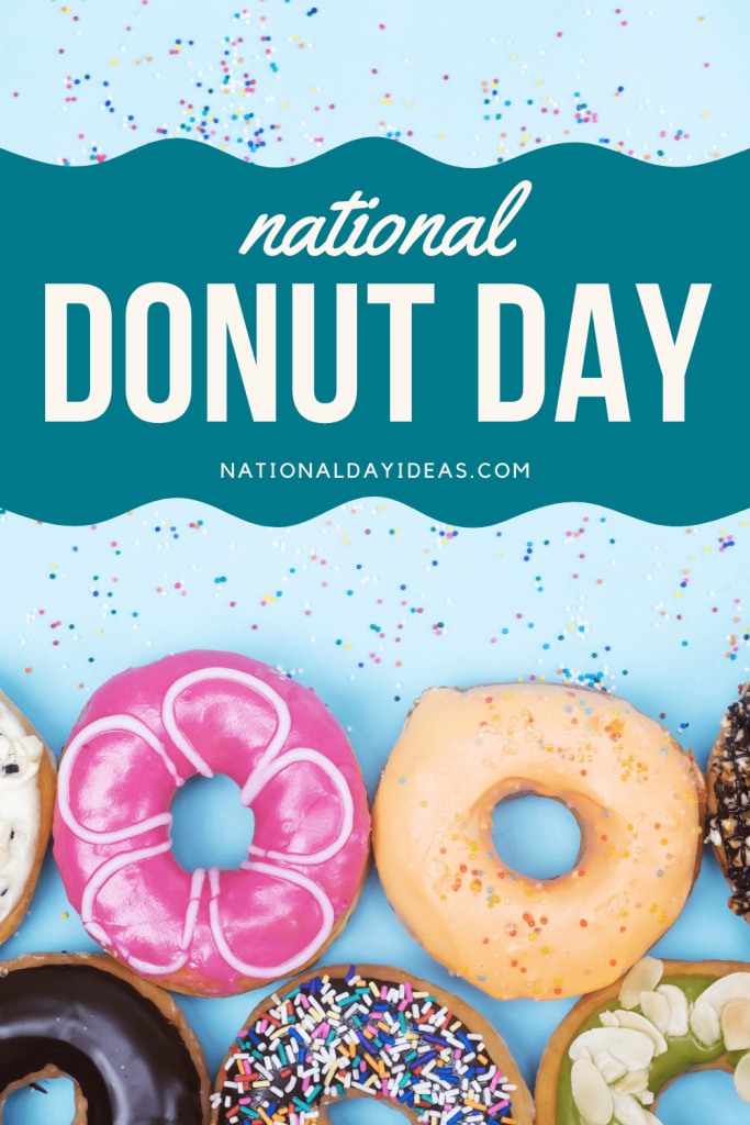 Photo of a variety of donuts sitting on a blue background with confetti for National Doughnut Day